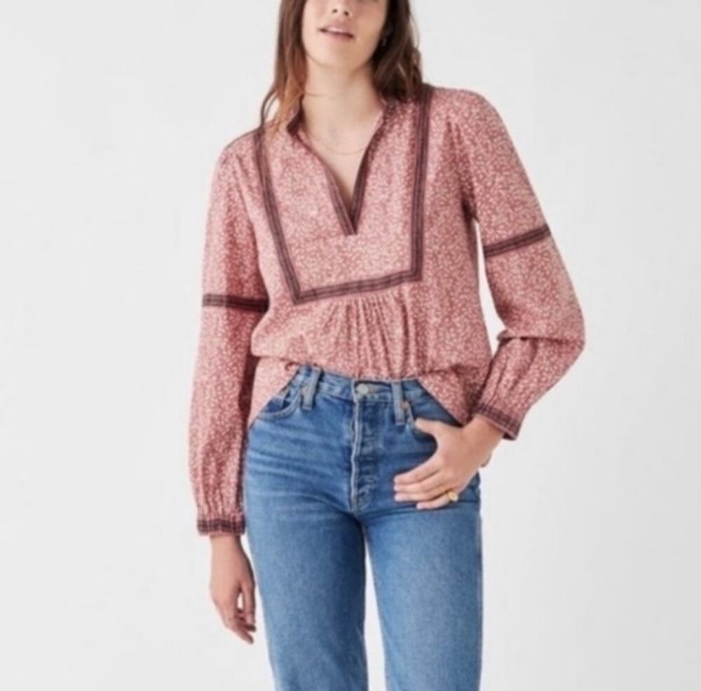 Faherty Blouse Red Leaf Print Floral Cotton Long Elastic Cuff Sleeve
